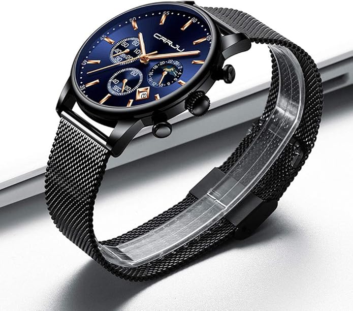 CRRJU Men's Fashion Casual Watches Auto Date Chronograph Watch Men Nice Work Watches Waterproof 30M Full Steel Quartz with Mesh Strap
