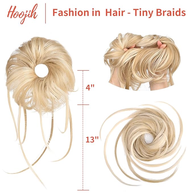 HOOJIH Messy Bun Hair Piece, Super Long Tousled Updo Hair Bun Extensions Wavy Hair Wrap Ponytail Hairpieces Scrunchies with Elastic Hair Band for Women HB007 Grace - Blonde Mixed