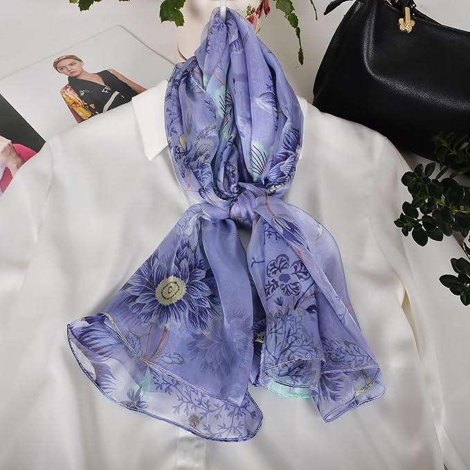 100% Mulberry Silk Women's Neck Silk Scarf-Lightweight Shawl,FLoral Print Beach Silk Wrap-Scarves for Photography