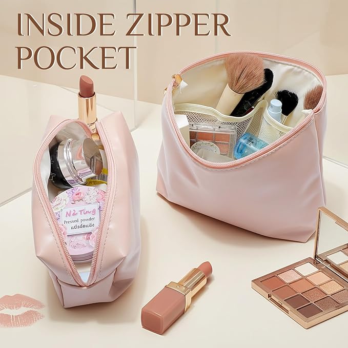 Kigeli 2 Pcs PU Leather Makeup Bag Set for Women Aesthetic Cosmetic Bag Small Toiletry Travel Pouch for Purse Emergency Skincare Organizer Valentine Gifts for Bridesmaid Birthday(Pink)