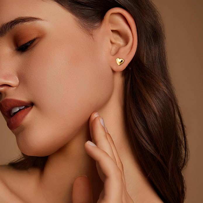 Zeffy Hypoallergenic 925 Sterling Silver/14K Gold Plated Stud Earrings, Dainty Simple Heart Earrings for Women Girls