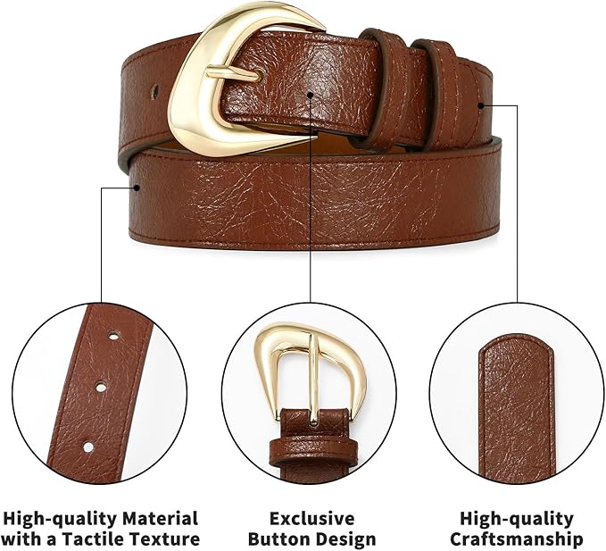 Women's Brown Belt Trend Belt with Gold Buckle Fashion Leather Waist Belt for Jeans Pants