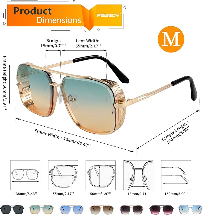 FEISEDY Sunglasses Mens Women Vintage Pilot Square Trendy Metal Steampunk Fishing Driving Sun Glasses B2894