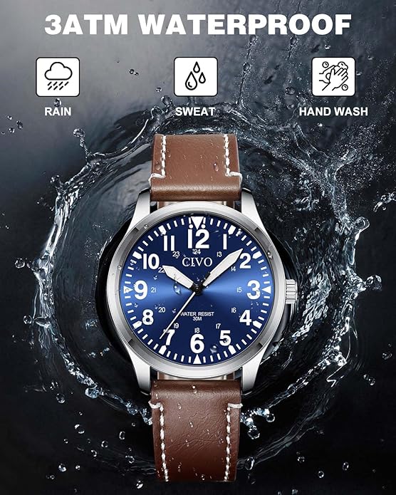 CIVO Analog Wrist Watches for Men: Waterproof Stainless Steel Mens Watches - Silver Watch with Easy Read Dial Men's Watch for Gift