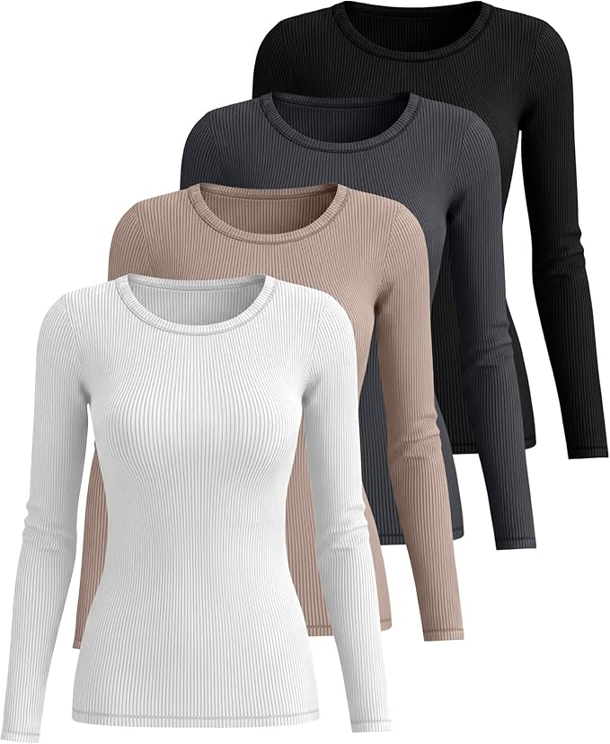 Neer 4 Pack Women's Ribbed Long Sleeve Shirts, Cotton Crew Neck Slim Fit Tops Stretch Knit Casual Base Layer Basic Tee Shirts