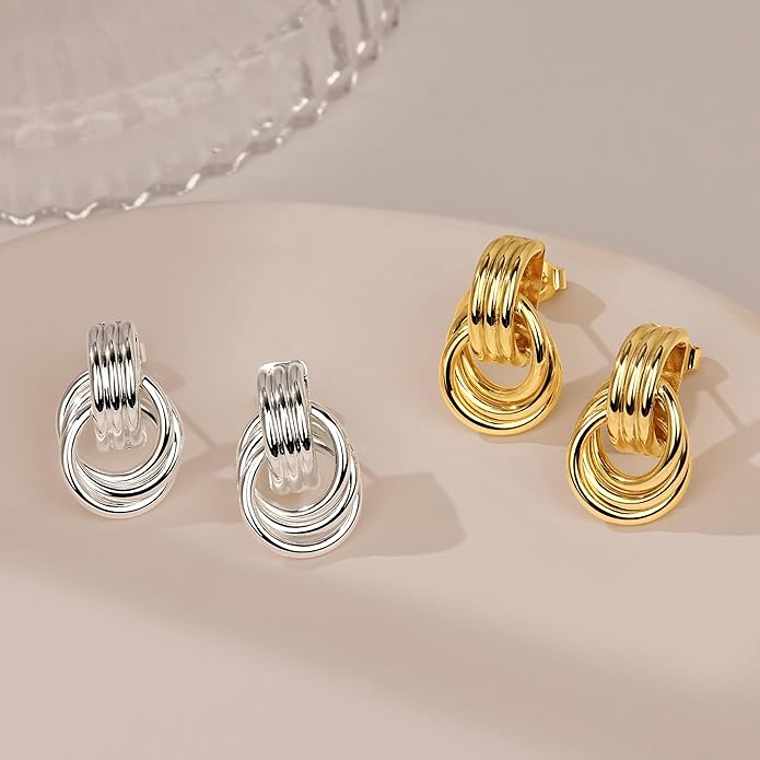 Gold Plated Statement Chunky Dangle Stud Earrings for Women, Gold Plated Hoop Knot Claw Earrings Tarnish Free Jewelry for Women Gifts