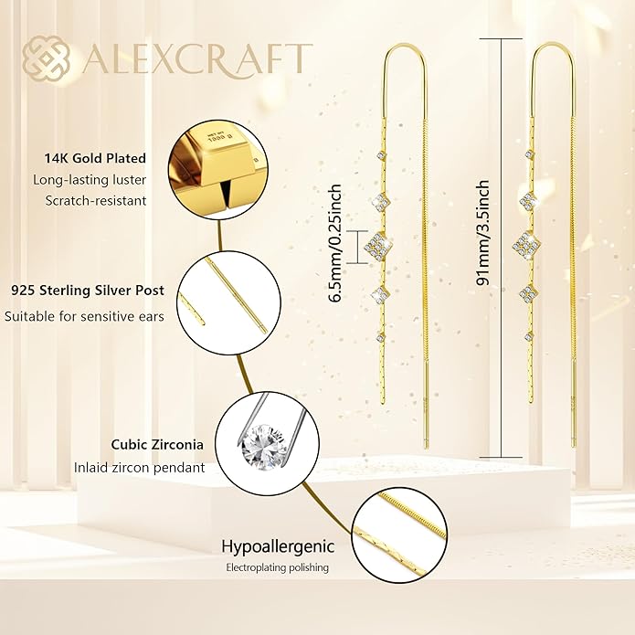 925 Sterling Silver Threader Dangle Earrings for Women - Long Earrings Dangle Chain Drop Earrings Dangling, Dainty Elegant Dangly Ear Chain with Tassel and Cubic Zirconia for Prom Wedding Trendy Jewelry Accessories