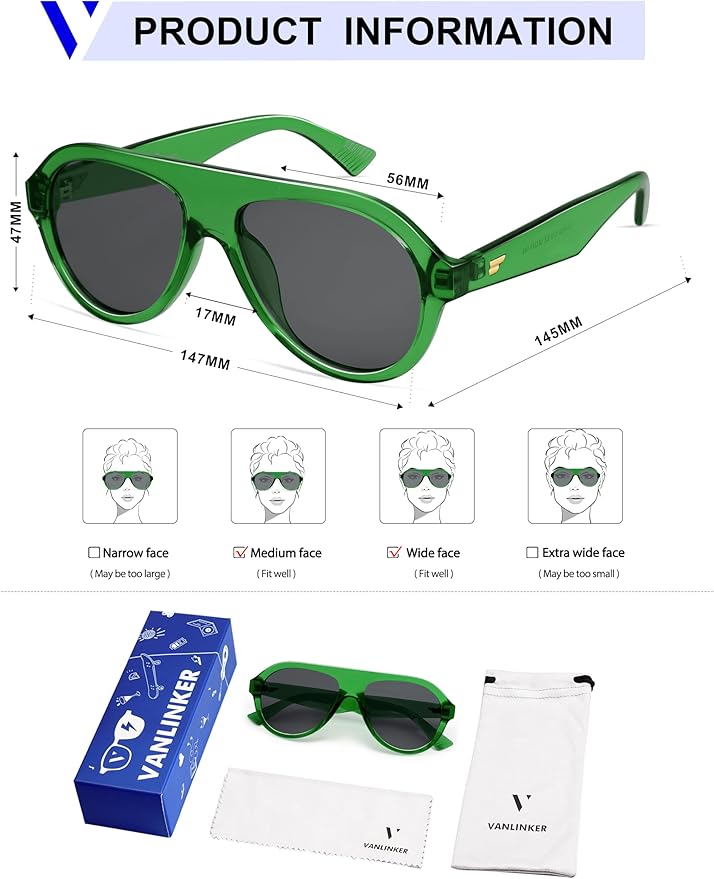 VANLINKER Retro Aviator Polarized Sunglasses for Men Women Trendy 70s Vintage Plastic Frame Sun Glasses VL9750