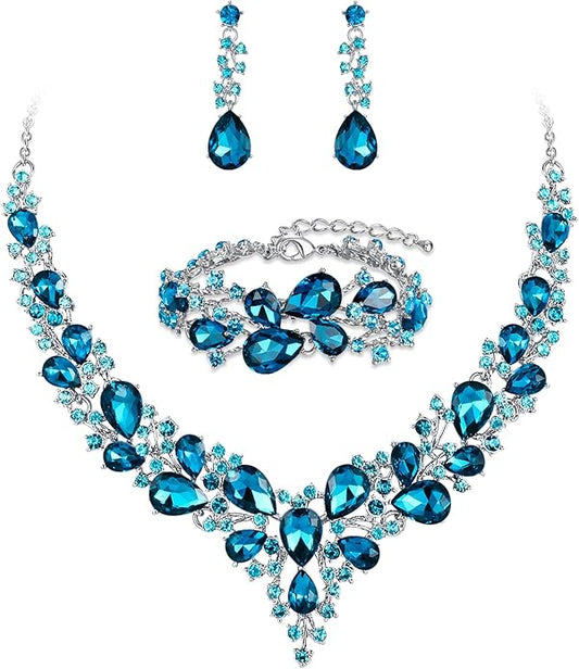 BriLove Wedding Bridal Jewelery for Women Austrian Crystal Teardrop Cluster Statement Necklace Dangle Earrings Link Bracelet Set