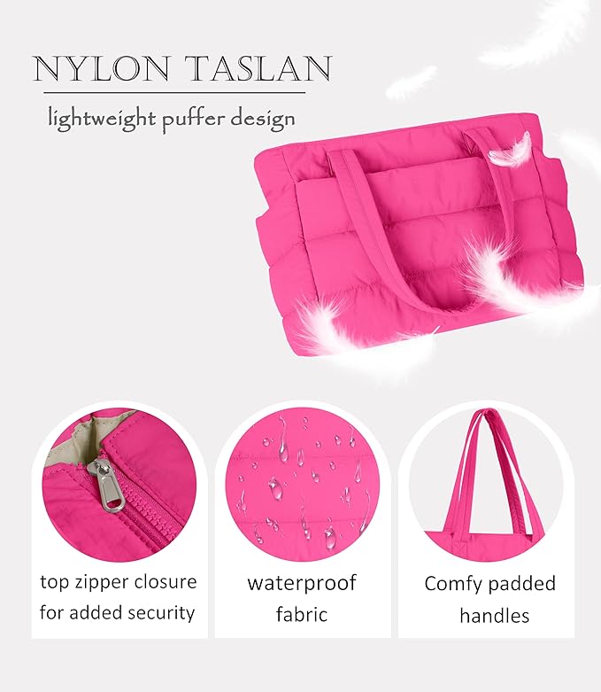 Puffer Tote Bag for Women, Cute Quilted Carryall with Zippered Compartments Shoulder Bag Handbag for Work, Travel, Gym