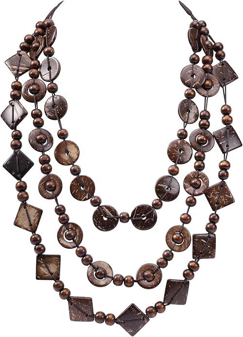MILAKOO Wood Beads Necklace & Earrings for Women Chunky Multi-Layering Choker Necklace Ear Pendant