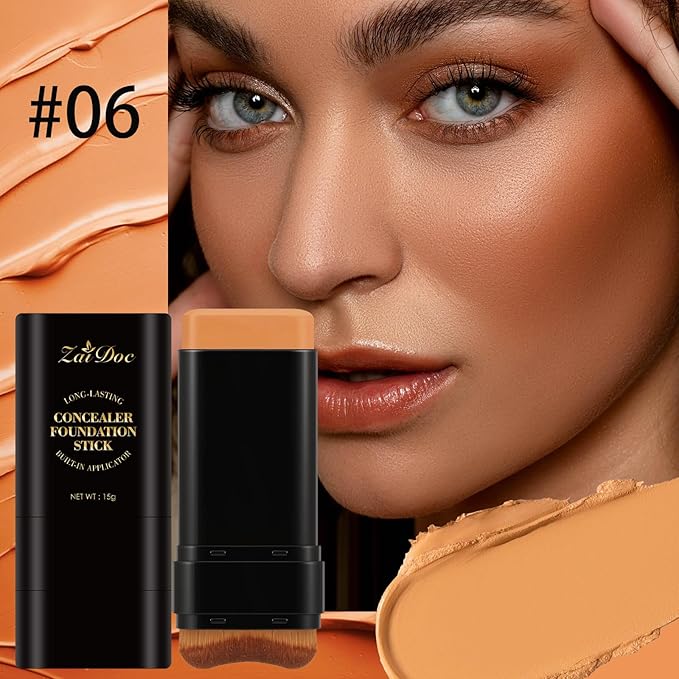 Concealer Foundation Stick, 2-in-1 Long-Lasting Foundation and Concealer with Brush, Creamy Full Coverage for Dark Circles & Blemishes, Hydrating Olive & Camellia, 2.09 Oz (06#)