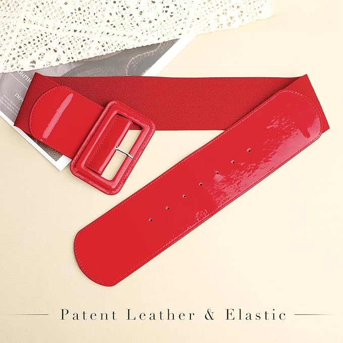 Wide Patent Leather Cinch Belt - Fashion Square Buckle Waist Belt for Dresses and Coats