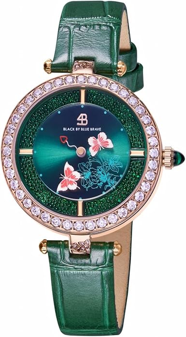 Women's Watch Butterfly Watches for Women Moving Butterflys Hands with Genuine Leather Strap Bee Watches for Women BLACK BY BLUE BRAVE Butterfly Lovers, Sapphire Crystal Glass combining Cubic Zirconia Stones and 3.5mm Synthetic Crystal Women's Wrist Watch