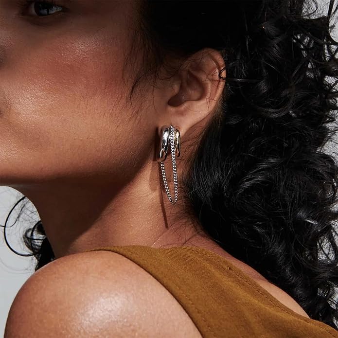 Tassel Chain Hoop Earrings for Women Trendy Two Tone Dangling Chain Earrings Hypoallergenic Fashion Jewelry Gifts