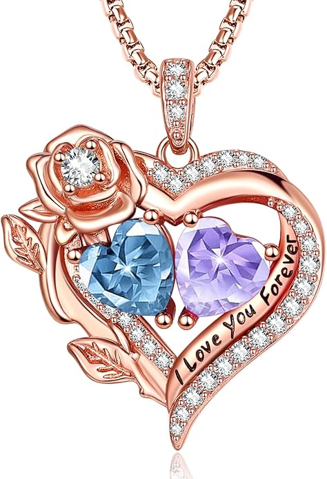 Rose Heart Necklaces for Women, Rose Gold Forever Love Jewelry with 2 Birthstones Pendant, Christmas Anniversarry Birthday Gifts for Her Wife Mom Grandma, 18+2 Inch Chain
