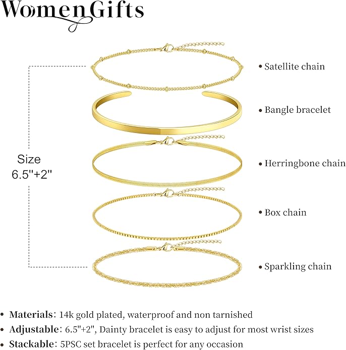 Dainty Thin Gold Bracelet for Women Stack, 14K Gold Plated Bracelet Stackable Set with Bangle Cuff, Box, Herringbone, Paperclip, Figaro, Sparkling Link Chains, Simple Waterproof Non Tarnish Minimalist Gifts for Women Trendy