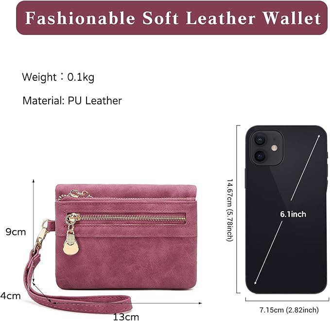 Women's Vintage Genuine Leather Handbag Wallet Dark Billfold Purse with Snap Closure for Daily Essentials (Rose Red)
