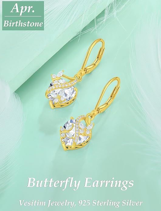Butterfly Earrings for Women 925 Sterling Silver Heart Earring Birthstone Jewelry