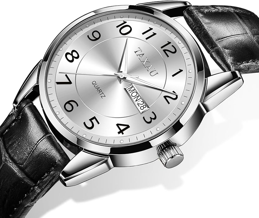Men's Watch Big Face Easy Read Arabic Numeral Dress Watches for Men Classic Black Brown Leather Band Analog Mens Wrist Watch with Day and Date Fashion Business Waterproof Luminous Quartz Watch