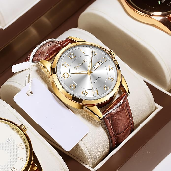 Men's Watch Big Face Easy Read Arabic Numeral Dress Watches for Men Classic Black Brown Leather Band Analog Mens Wrist Watch with Day and Date Fashion Business Waterproof Luminous Quartz Watch
