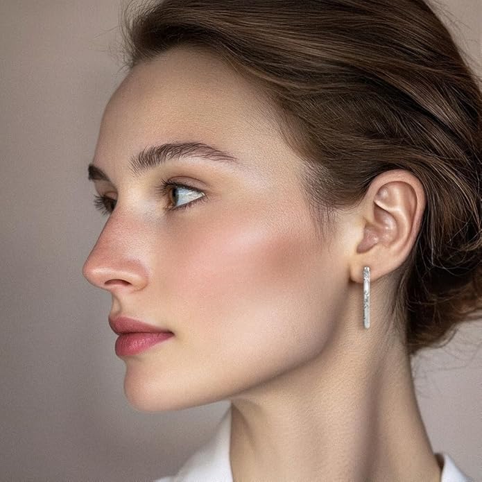 14K White Gold Textured Medium Hoop Earrings Polished Snap Back Secure Rhodium Plated 30mm Round Comfort Lightweight For Women Gift Luxury Italian Jewelry