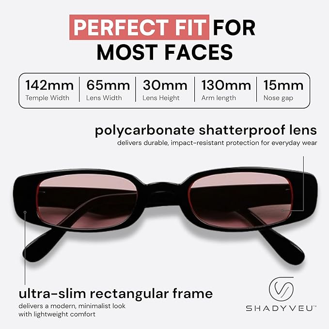ShadyVEU Slim Classic Rectangular Sunglasses UV Protection 90’s Vintage Small Wide Retro Frame Fashion Shades