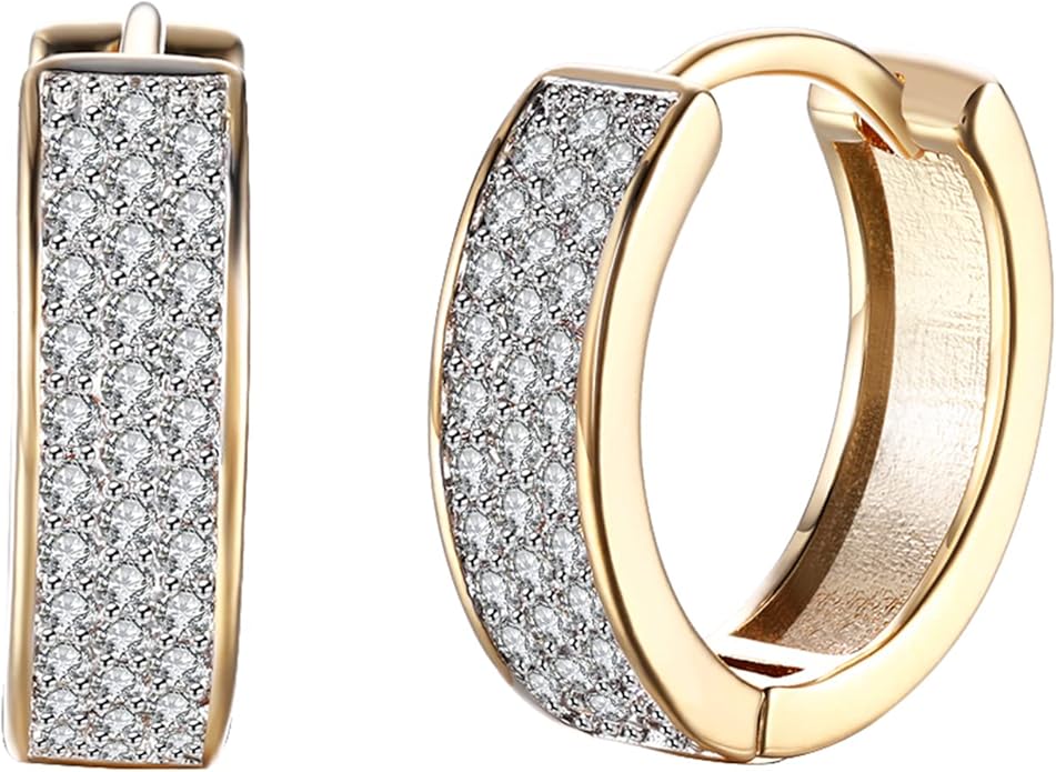 14K Gold Plated Cubic Zirconia Hoop Earrings,Three Row Diamon | Arrows | Double Row of Diamonds Huggie Earrings for Women