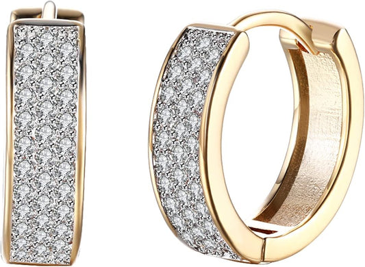 14K Gold Plated Cubic Zirconia Hoop Earrings,Three Row Diamon | Arrows | Double Row of Diamonds Huggie Earrings for Women