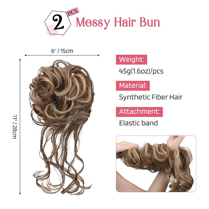 HOOJIH 2 Pack Messy Bun Hair Piece, Wavy Curly Hair Wrap Ponytail Hairpieces, Light Brown and Blonde Mixed