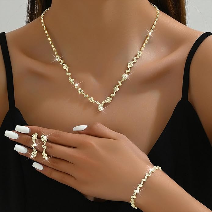 Wedding Jewelry Sets for Brides Silver Rhinestone Necklaces Earring Bracelet Set Wedding Sets for Women Prom Jewelry Sets for Women