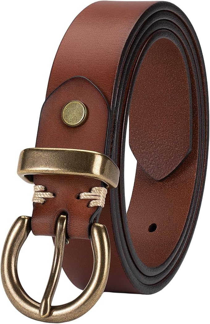 Womens Belt for Jeans Genuine Leather Belt Vintage Solid Brass Circle buckle Gift Box Packaging