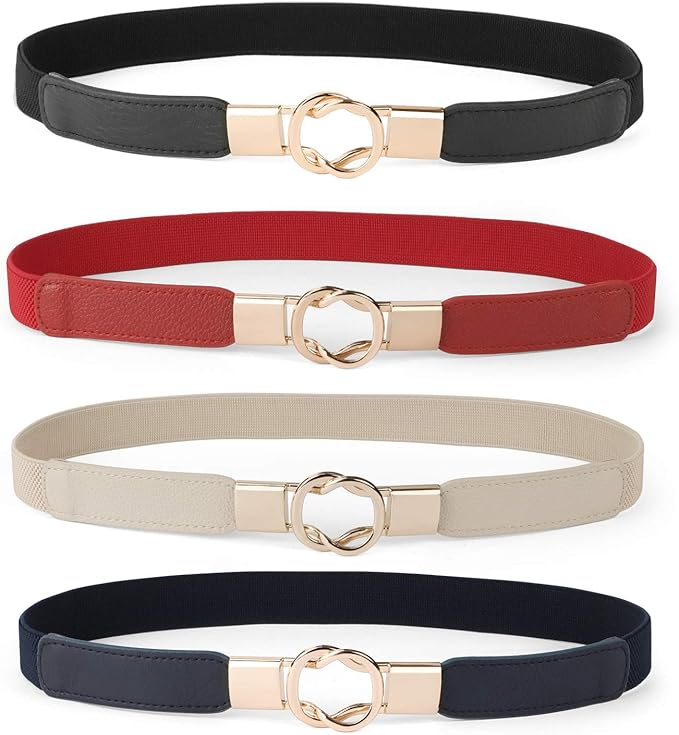 WERFORU Women Skinny Belt for Dresses Retro Stretch Waist Belt with Gold Buckle Set of 4