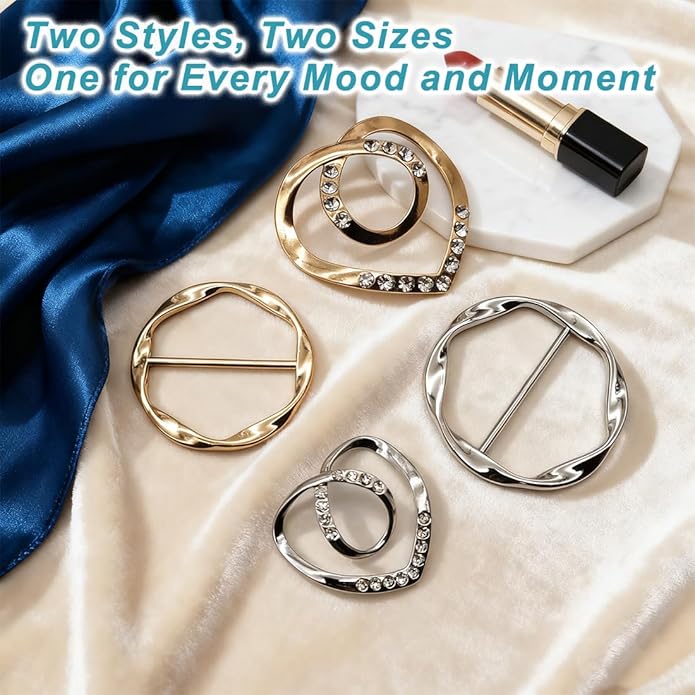 8PCS Scarf Rings and T-Shirt Tie Clips, 2-Size Metal Scarf Holder Set, Gold & Silver Waist Cinch & Shirt Side Tie Accessories for Women