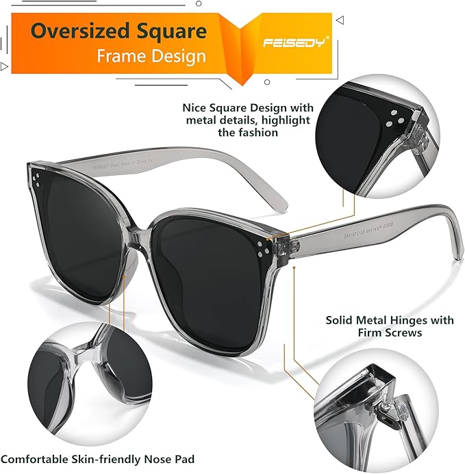 FEISEDY Oversized Polarized Sunglasses - UV400 Protection, Square Fashion Sun Glasses for Outdoor & Daily B2600