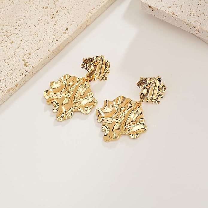 Large Gold Earrings for Women, Chunky Gold Statement Drop Dangle Earring Maple Leave Ginko Leaf Jewelry Gifts