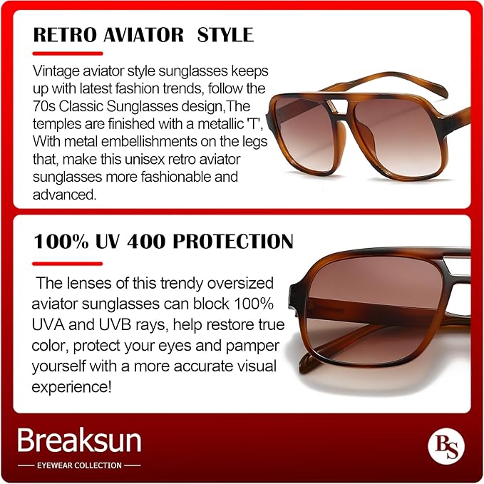 Retro Aviator Sunglasses for Women Men Trendy Classic 70s Square Aviator Sun Glasses Vintage Shades