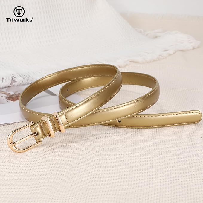 2 Pack Women Skinny Leather Belts for Jeans Pants Thin Faux Leather Belt with Gold Buckle