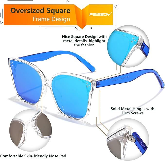 FEISEDY Oversized Polarized Sunglasses - UV400 Protection, Square Fashion Sun Glasses for Outdoor & Daily B2600