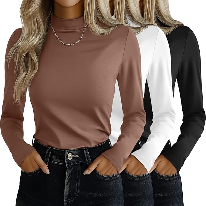 Ficerd 3 Pack Women's Mock Turtleneck Shirts, Long Sleeve Mock Neck Pullover Tops Slim Fitted Stretch Undershirt Tee Blouse