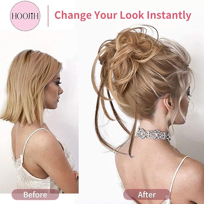 HOOJIH Messy Bun Hair Piece - Super Long Wavy Hair Wrap Ponytail Extensions, Wrap Scrunchies with Elastic Band - Grace - Medium Brown with Blonde Highlights