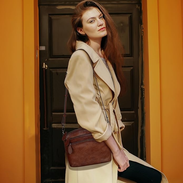 HESHE Crossbody Bags for Women Genuine Leather Purses with Multi-Pockets Vintage Ladies Small Shoulder Satchel Bag
