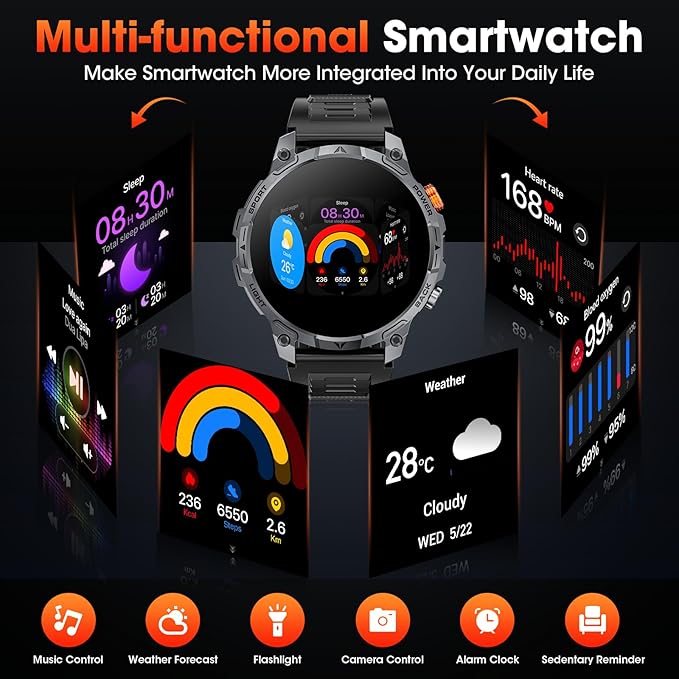 Military Smart Watches for Men,1.75″ Smartwatch with 100-Day Ultra-Long Battery/Flashlight,Fitness Watch for Heart Rate/Sleep/Calling/110+ Sports Mode Smart Watch for Android iOS 1000 mAh