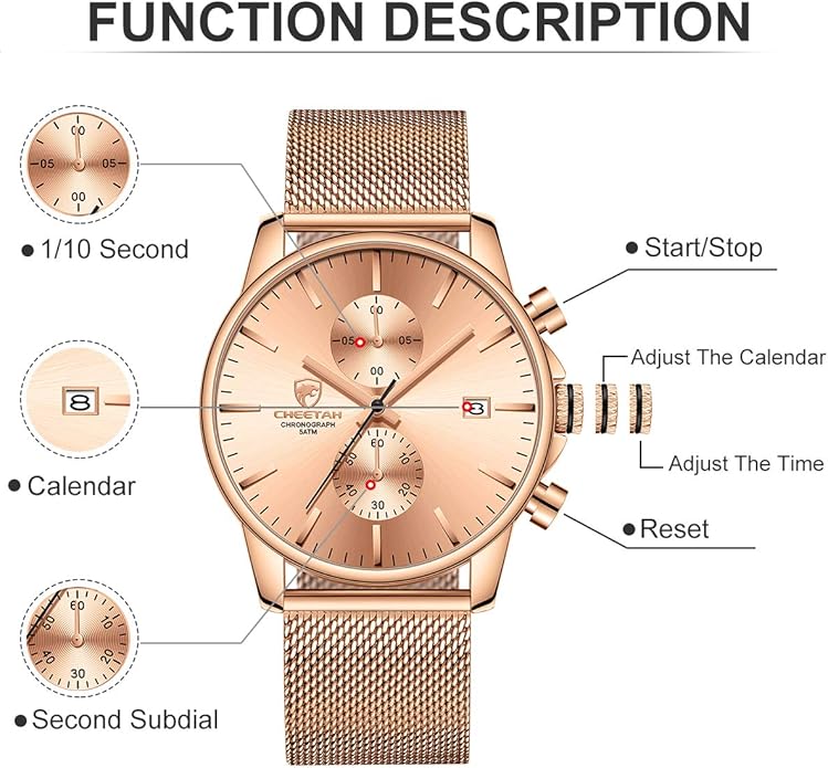 GOLDEN HOUR Mens Watch Fashion Sleek Minimalist Quartz Analog Mesh Stainless Steel Waterproof Chronograph Watches for Men with Auto Date