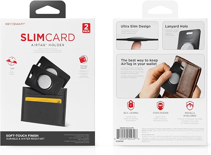 KEY SMART SlimCard AirTag Holder for Wallet - Ultra Slim Wallet Air Tag Holder - AirTag Card Holder with Lanyard Hole, Item Tracker - Auto Lock Air Tag Holders - 2 Pack