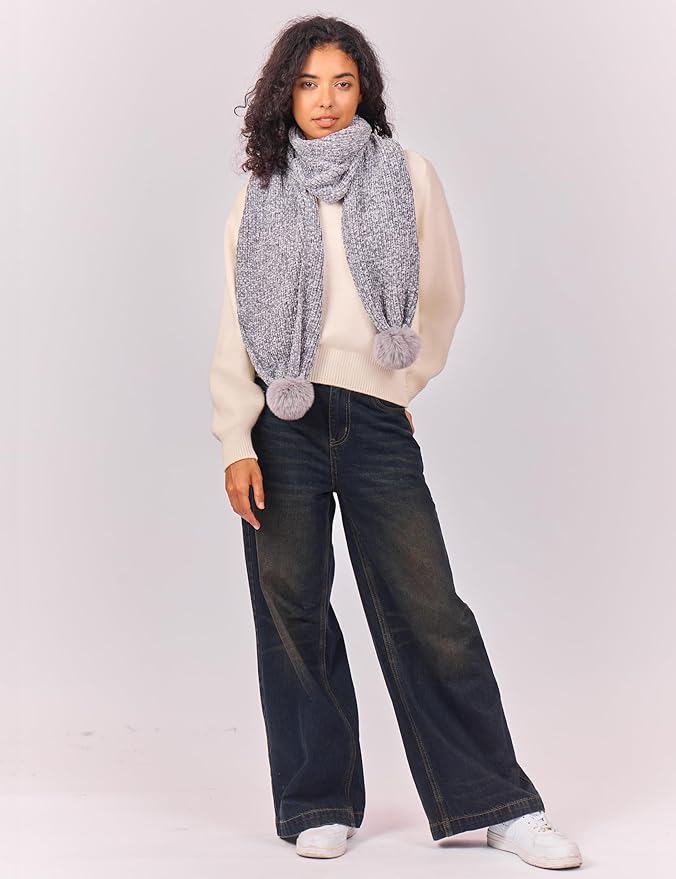 Womens Chenille Scarf with Pompom Winter Knit Warm Scarves for Cold Weather with Gift Box