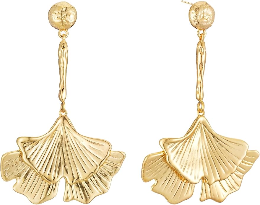 Large Gold Earrings for Women, Chunky Gold Statement Drop Dangle Earring Maple Leave Ginko Leaf Jewelry Gifts