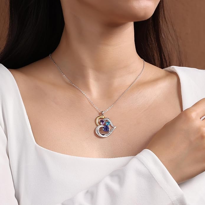 GLAMCARAT Personalized mothers necklace with birthstones names sterling silver jewelry for women customized engraved necklace