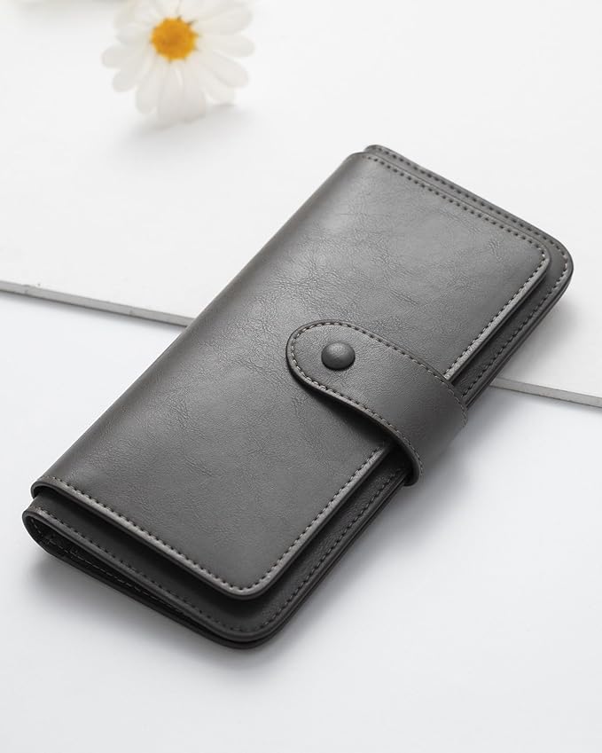 RFID Blocking Leather Wallet for Women, Slim Trifold with 14 Card Slots and Zipper Pocket (Grey)