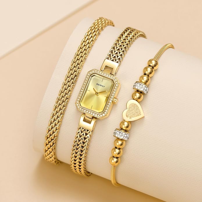 BERNY Silver Watches for Women Ladies Wrist Watch and Bracelet Set Dainty Quartz Bracelet Watch Premium Crystal Accented Fashion Luxury Birthday Present for Women